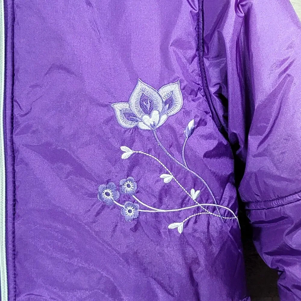 Girls Fleece Lined Jacket Sz 14 Removable Hood Purple Embroidered Coat CUFF FLAW